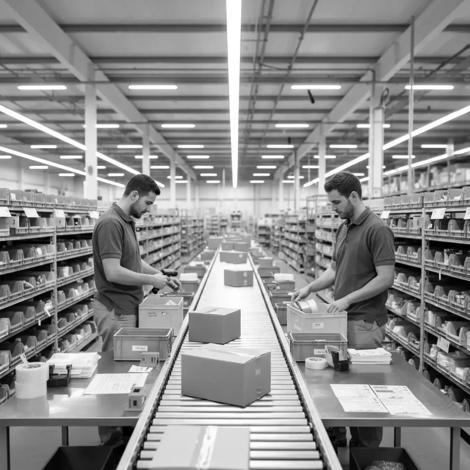 Conveyor belt transporting boxes through a modern automated warehouse