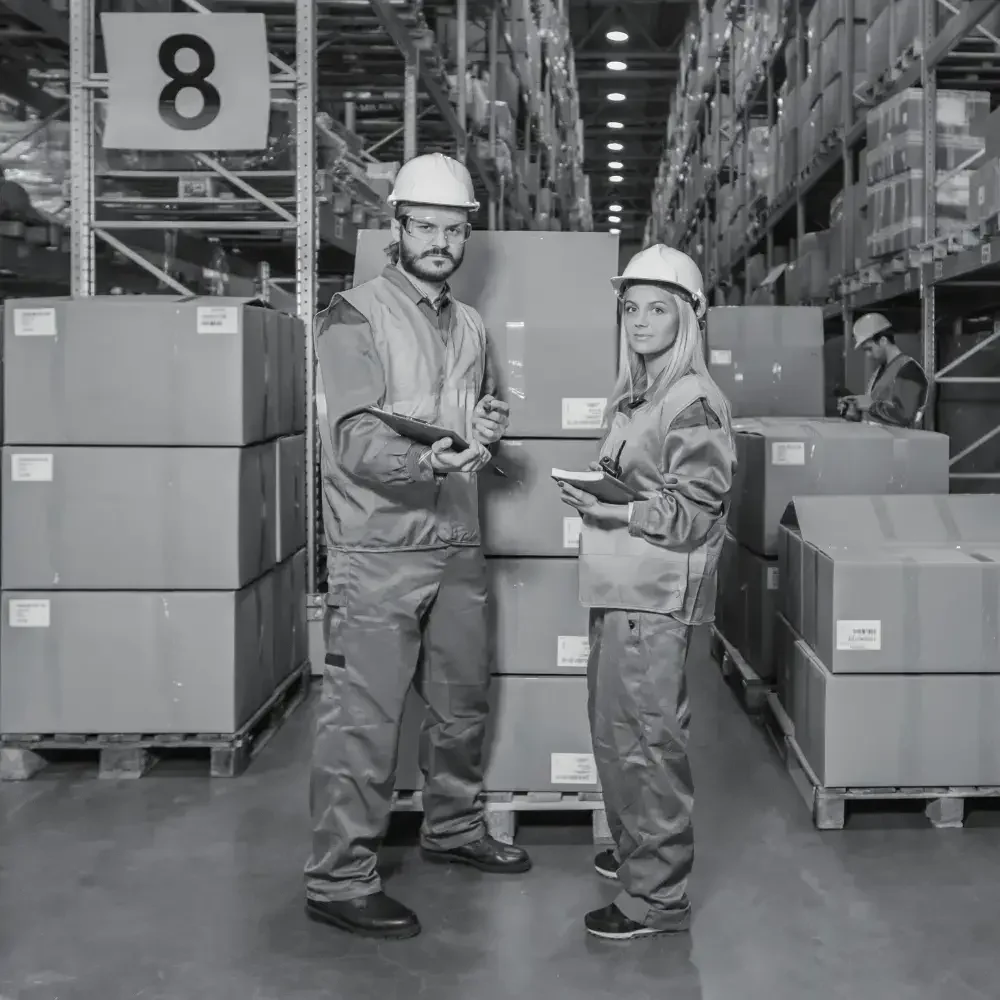 Two warehouse supervisors standing together in a large fulfillment center
