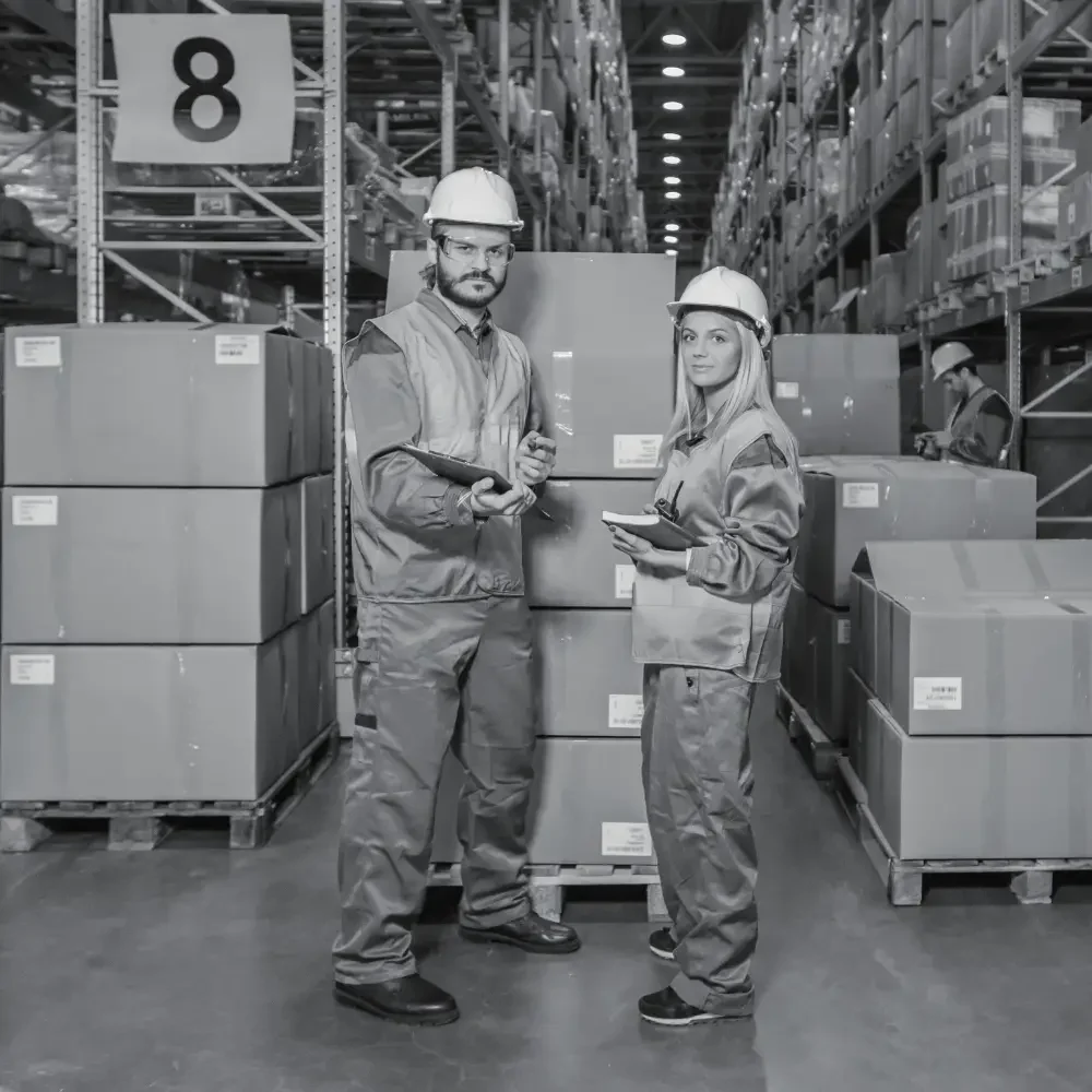Two warehouse workers in safety vests standing together near numbered pallet storage