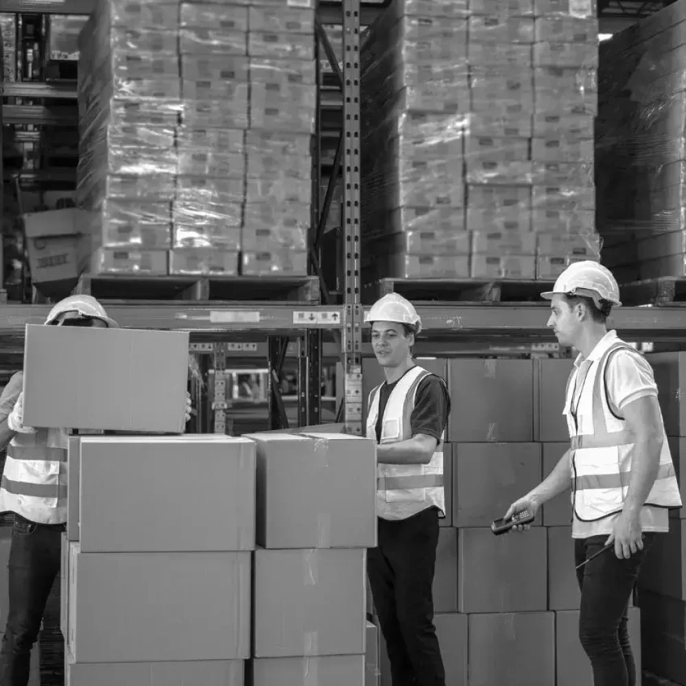Warehouse staff handling and organizing pallets in storage area