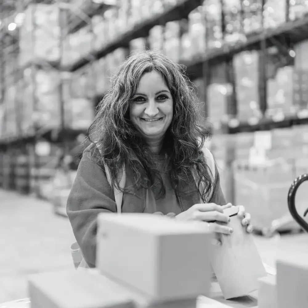 Smiling female warehouse worker packing customer orders at a fulfillment station