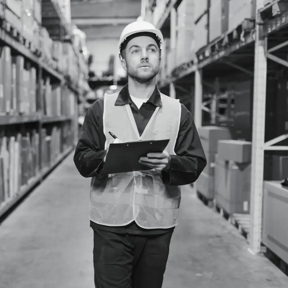 Male warehouse supervisor wearing hard hat and safety vest holding tablet in aisle