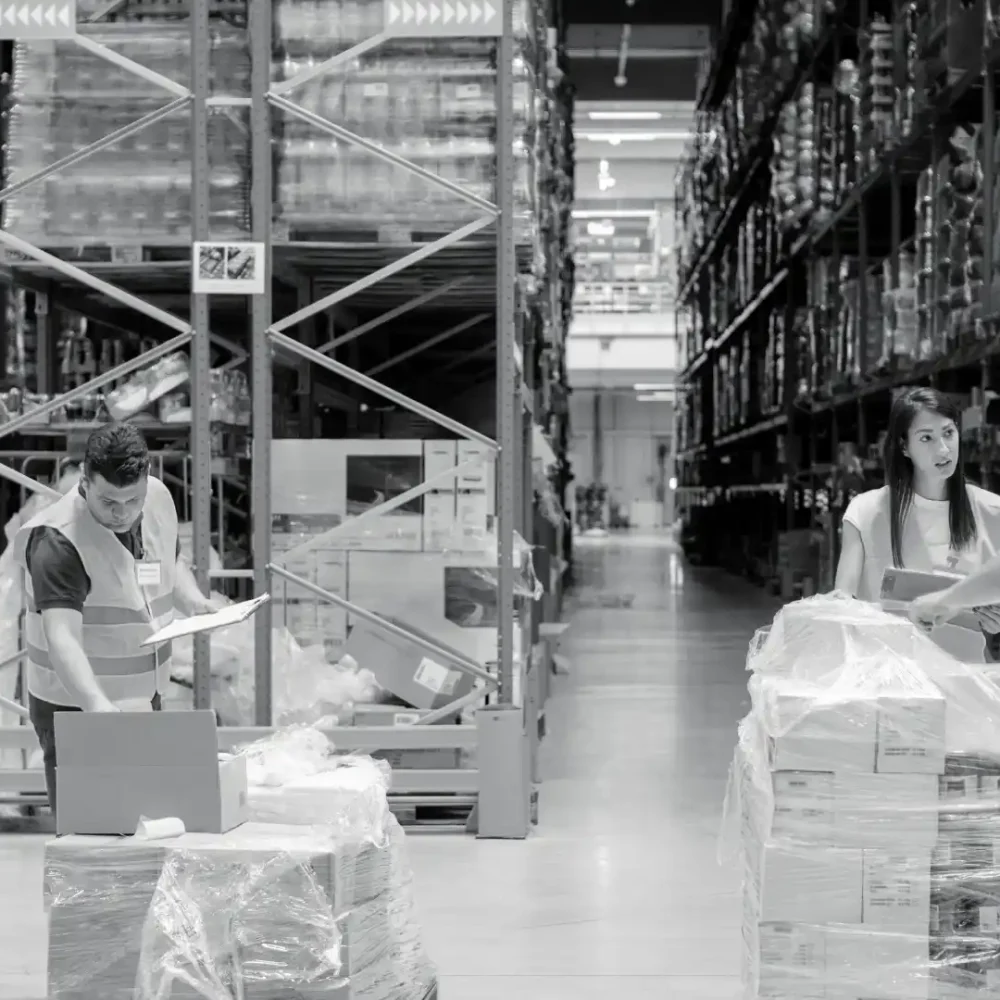 Warehouse staff actively picking and packing orders in a busy 3PL facility